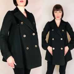 "Antique Edwardian 1900s 1910s Black Wool + Velvet Double Breasted Trapeze Swing Coat! Gorgeous and unique 1900s peacoat! Never seen a style quite like this! Features: - sturdy, thick wool body - velvet stripes going down the front and back of shoulders - 4 thick, sturdy inverted pleats total, under shoulders to create a flared swing coat silhouette - double breasted with 6 ornately carved grey iridescent mother-of-pearl buttons - puffed shoulders - sleeves are constructed with a curve in them - Victorian Long Coat For Fall, Vintage Fitted Long Pea Coat, Fitted Vintage Black Pea Coat, Victorian Black Outerwear With Buttons, Vintage Fitted Outerwear With Double-breasted Buttons, Black Victorian Outerwear With Buttons, Vintage Outerwear For Work With Double-breasted Button, Vintage Pea Coat For Work, Vintage Black Double-breasted Outerwear