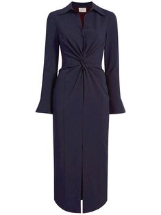 navy blue ruched detailing classic collar long sleeves maxi Ruched Shirt Dress, Ruched Shirt, Career Outfits, Business Attire Women, 70s Inspired Fashion, Marine Uniform, Cinq A Sept, Professional Wear, Diva Fashion