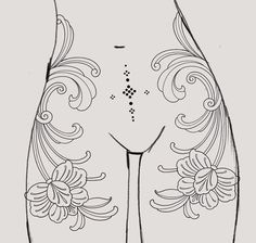 Ornamental Back Tattoo Women Design, Ornamental Hip Tattoos Women, Symmetrical Stomach Tattoo Women, Ornamental Tattoo Thigh, Symmetrical Hip Tattoos Women, Ornamental Thigh Tattoo, Ornamental Hip Tattoo, Stomach Tattoo Women, Ornamental Stomach Tattoo