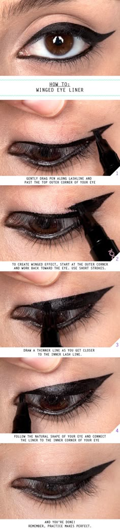 winged eyeliner How To Do Winged Eyeliner, Eyeliner Hacks, Winged Eye, Makeup Tip, Makeup Hacks Tutorials, Eye Liner Tricks, Trendy Makeup