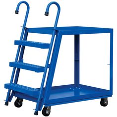 a blue hand truck with three shelves and two ladders