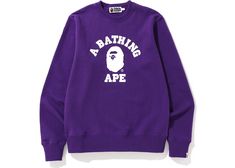 BAPE College Crewneck Purple - FW19 Purple Bapesta Shoes, Bape Star Purple, Purple Bape Sweater, Bape Sweaters, Nice Sweaters, Wgm Bape Hoodie, College Crewneck, College Crewneck Sweatshirts, Streetwear Clothes