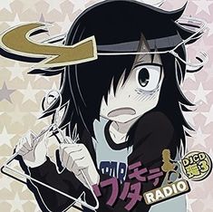 an anime character with long black hair and horns on his head, holding a microphone