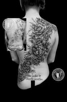 the back of a woman's body with flowers on it and an inscription below