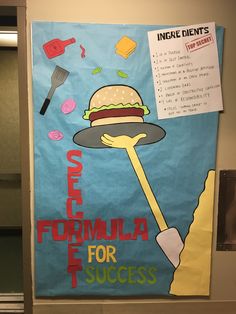 a bulletin board with an image of a hamburger on it and words that read, eat, formula for success