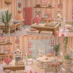 the kitchen is decorated in pink and white