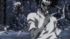 an anime character in the snow with his hands on his chest and two other characters behind him