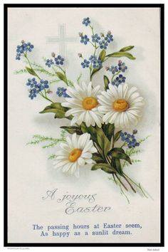 an easter card with daisies and blue flowers