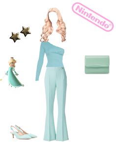 a doll with long hair and blue pants next to other items on a white background