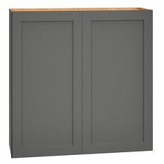 a gray cabinet with two doors on the front and one door open to reveal a light wood top