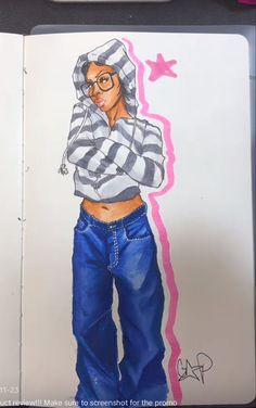 a drawing of a person wearing blue jeans and a hoodie