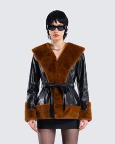 When you have a taste for the finer things in life 😏 Made from soft faux fur with a fully lined design and faux leather wrap belt to cinch in at waist , this black leather coat will make it very clear that you call the shots 🤎 Winter Faux Leather Belted Outerwear, Winter Belted Faux Leather Outerwear, Winter Leather Jacket With Belt, Winter Faux Leather Belted Jacket, Winter Faux Fur Belted Outerwear, Fall Faux Fur Belted Outerwear, Winter Belted Faux Fur Coat, Belted Faux Fur Coat For Winter, Winter Faux Fur Belted Coat