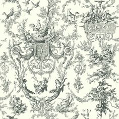 an old wallpaper with birds, flowers and scrolls on it in black and white