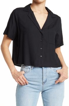 ABOUND Camp Shirt | Nordstromrack Camp Shirt Outfit, Short Sleeve Shirt Outfit, Collared Shirt Outfits, Black Shirt Outfits, Flowy Shirts, Black Button Up Shirt, Button Up Shirt Womens, Basic Blouses, Black Button Down Shirt