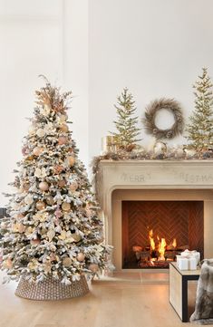 a decorated christmas tree sitting in front of a fire place