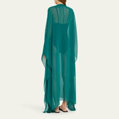 PatBO "Portofino" semi-sheer caftan featuring hand-beaded accents  V neckline Cascading 3/4 sleeves Full length Easy fit  Slipover style Polyester Made in Brazil Green Long Sleeve Kaftan For Evening, Green Long Sleeve Evening Kaftan, Long Sleeve Silk Kaftan For Beach Cover-up, Made In Brazil, V Neckline, Bergdorf Goodman, Hand Beading, Brazil, Full Length