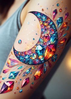 a woman's arm with an artistic design on it and a crescent moon in the middle