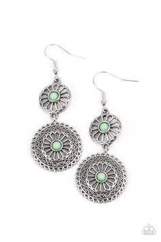 Dainty Green Ash beads adorn the centers of floral patterned silver frames that link into a whimsical lure. Earring attaches to a standard fishhook fitting. Jewelry Business Card, Paparazzi Accessories Jewelry, Pink Jewels, Green Ash, Easy Jewelry, Silver Frames, Paparazzi Accessories, Inspired Jewelry, Green Earrings