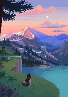 an animal is sitting in the grass near some trees and mountains at sunset with a mountain range in the background