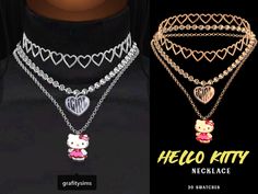 the hello kitty necklace is shown in three different colors and styles, with charms on each side