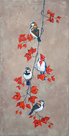 three birds are sitting on a branch with red and white flowers in the foreground