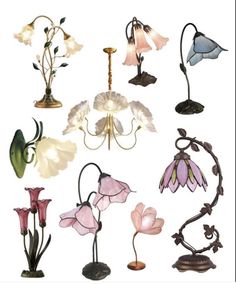 an assortment of flower lamps are shown here