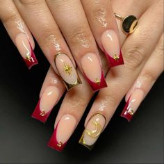 Red Concert Nails, Red Biab Nail Designs, Cute Red Nail Ideas Square, Gel X Nails Red French Tip, Red And Gold Acrylics, Red 3d Nails, Ysl Nails Design, Red And Gold Nails Medium