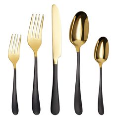 the black and gold utensils are next to each other