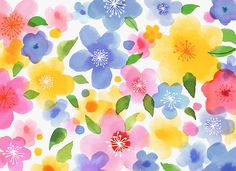 watercolor flowers on white background with green leaves and red, yellow, blue, pink, purple