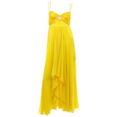 Gattinoni Yellow Silk Chiffon High Low Evening Dress w Cutout High Low Evening Dresses, Long Mermaid Dress, 1970 Dress, Oc Reference, Satin Evening Gown, Yellow Silk, Vintage Maxi Dress, Couture Vintage, Empire Style