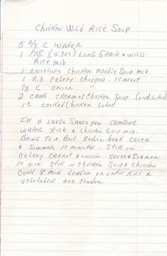 a handwritten recipe for chicken wild rice soup