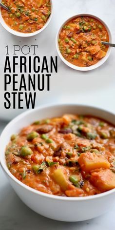 two bowls of african peanut stew with the words, 1 pot african peanut stew on top