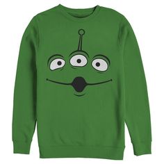 a green sweatshirt with an alien face drawn on the front and two eyes in the middle