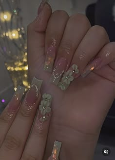 Wedding Nails With Sage Green, Sage Green Nails With Gems, Sage Green Nails Prom, Sage Quince Nails, Sage Green Coffin Nails, Sage Green Quince Nails, Green Sage Nails, Green Quince Nails, Sage Green Quinceanera Theme