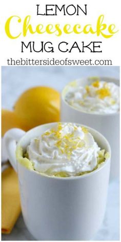 lemon cheesecake mug cake with whipped cream in the middle and two lemons next to it