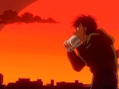 an anime character drinking from a cup in front of a sunset with the sun behind him