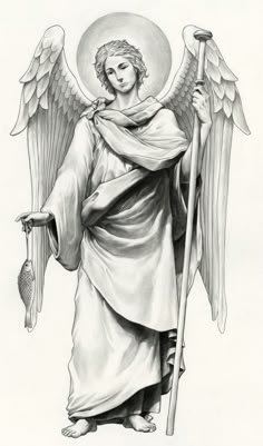 an angel holding a staff and wearing a halo