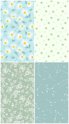 four different patterns with daisies and leaves on them, all in pastel colors