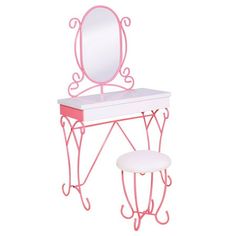 a pink vanity with mirror and stool on white background