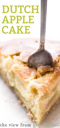 a piece of cake with a fork sticking out of it's center and the words dutch apple cake above it