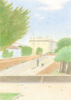 a colored pencil drawing of a man walking his dog down the street with a house in the background