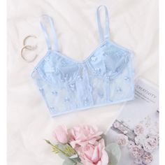 Size M: 34c,34d,36a,36b Color: Baby Blue Style: Romantic Pattern Type: Plain Details: Embroidery Type: A Piece Bra Type: Underwire Fabric: Slight Stretch Material: Mesh Composition: 95% Polyester, 5% Elastane Care Instructions: Hand Wash,Do Not Dry Clean Chest Pad: No Padding Underwire Bra, Baby Blue, Lingerie, Mesh, Bra, Collar, Floral, Blue