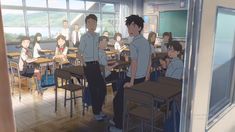 an anime classroom with many students and one teacher standing in front of the class room