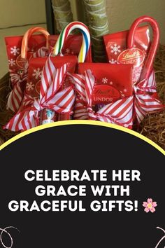 a basket filled with red and white candy canes