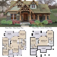 the floor plan for this craftsman style home is shown in two different colors and sizes