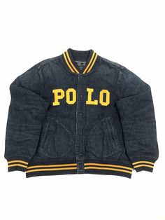 Ralph Lauren’s take on a classic baseball jacket combines lightweight cotton denim and twill patches spelling out "Polo.   DETAILS Striped ribbed baseball collar. Snapped placket. Long sleeves with striped ribbed cuffs. Twill patches spelling out "Polo" at the chest. Two front waist angled pockets. Striped ribbed hem. Shell: 100% cotton. Collar, cuffs, and hem: 91% polyester, 8% nylon, 1% elastane. Machine washable. Imported. PAYMENT I accept PayPal payments. Please pay as soon as the auction is Letterman Patches, Baseball Varsity Jacket, Creative Direction, Baseball Jacket, Ralph Lauren Polo, Vest Jacket, Varsity Jacket, Polo Ralph Lauren, Auction