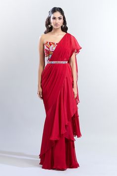 Red pre-draped saree with ruffled palla. Comes with floral embroidered blouse and an embroidered belt. - Aza Fashions Draped Saree, Embroidered Belt, Drape Saree, Blouse For Women, Saree With Blouse, Embroidered Blouse, Aza Fashion, Types Of Sleeves, Blouses For Women