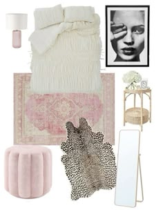 a pink and white bedroom with accessories on the bed, rugs, table, mirror, lamp and pictures