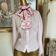 Brian Michele Vintage Blouse , New With Tags , Tag Is A Size Medium However Vintage Medium Fits A Small , Have Listed As A Small , Full Button Down With Neck Satin Tie , Neck Tie Can Be Worn Roped Or As A Bow . Comes From A Non Smoking Home . Feminine Pink Blouse With Buttons, Elegant Pink Ruffled Shirt, Feminine Fitted Shirt With Ruffled Collar, Fitted Shirt With Ruffled Collar In Feminine Style, Fitted Pink Blouse With Ruffled Collar, Pink Fitted Top With Ruffled Collar, Pink Ruffled Button-up Blouse, Pink Fitted Button-up Blouse, Pink Button-up Blouse With Ruffles