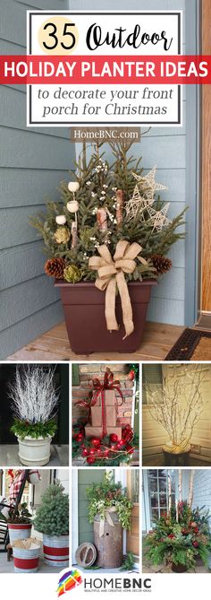 the front cover of an outdoor holiday planter idea book with pictures of christmas trees and presents